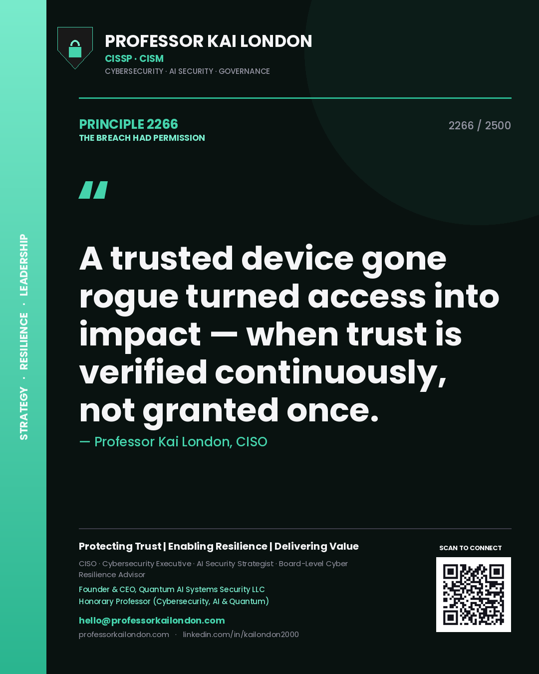 Quote card by Professor Kai London reading 'A trusted device gone rogue turned access into impact — when trust is verified continuously, not granted once.'. From the book The Breach Had Permission.