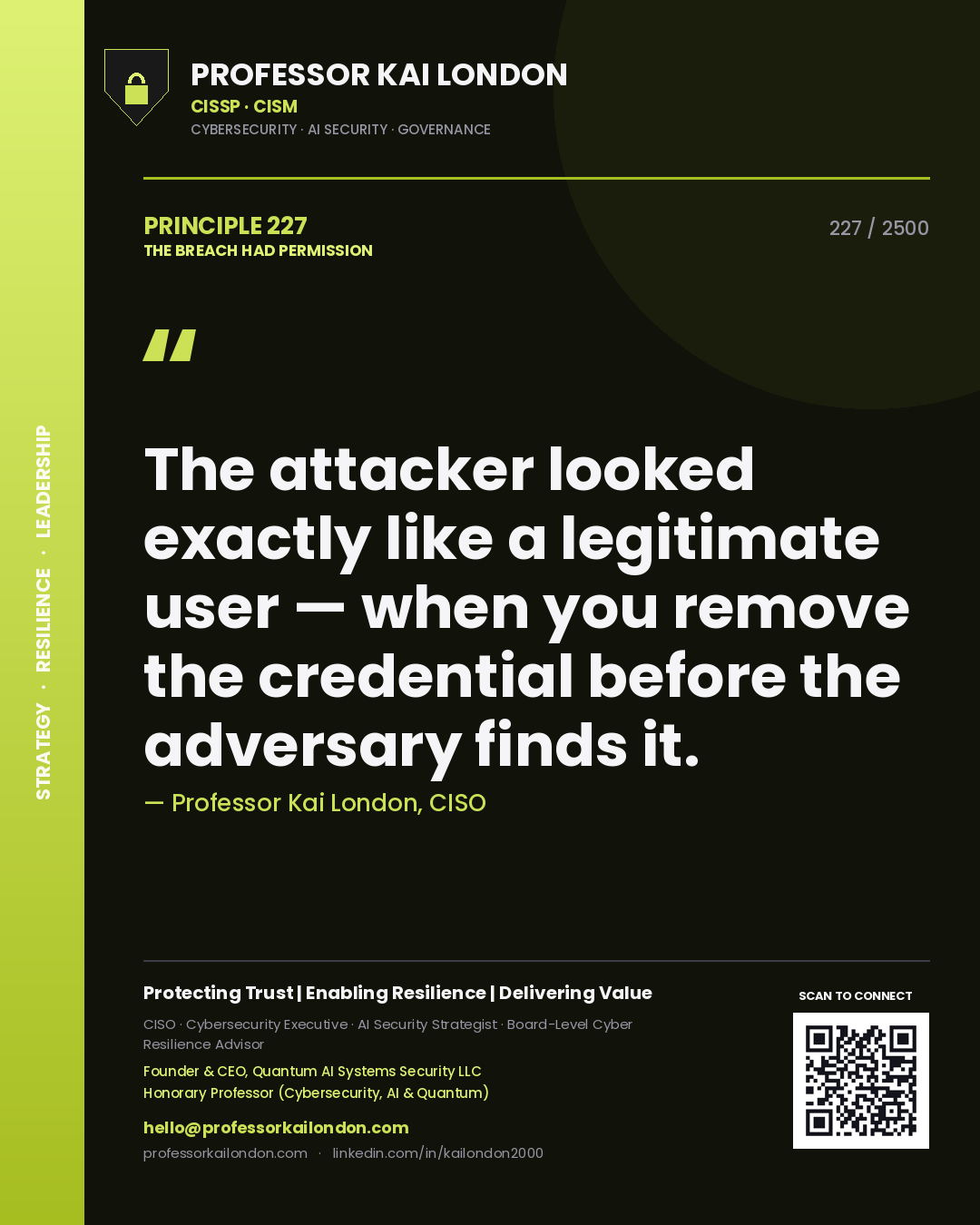 Professor Kai London principle 227: The attacker looked exactly like a legitimate user — when you remove the credential before the adversary finds it.