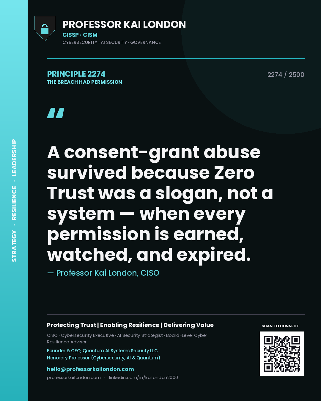 Professor Kai London principle 2274: A consent-grant abuse survived because Zero Trust was a slogan, not a system — when every permission is earned, watched, and expired.