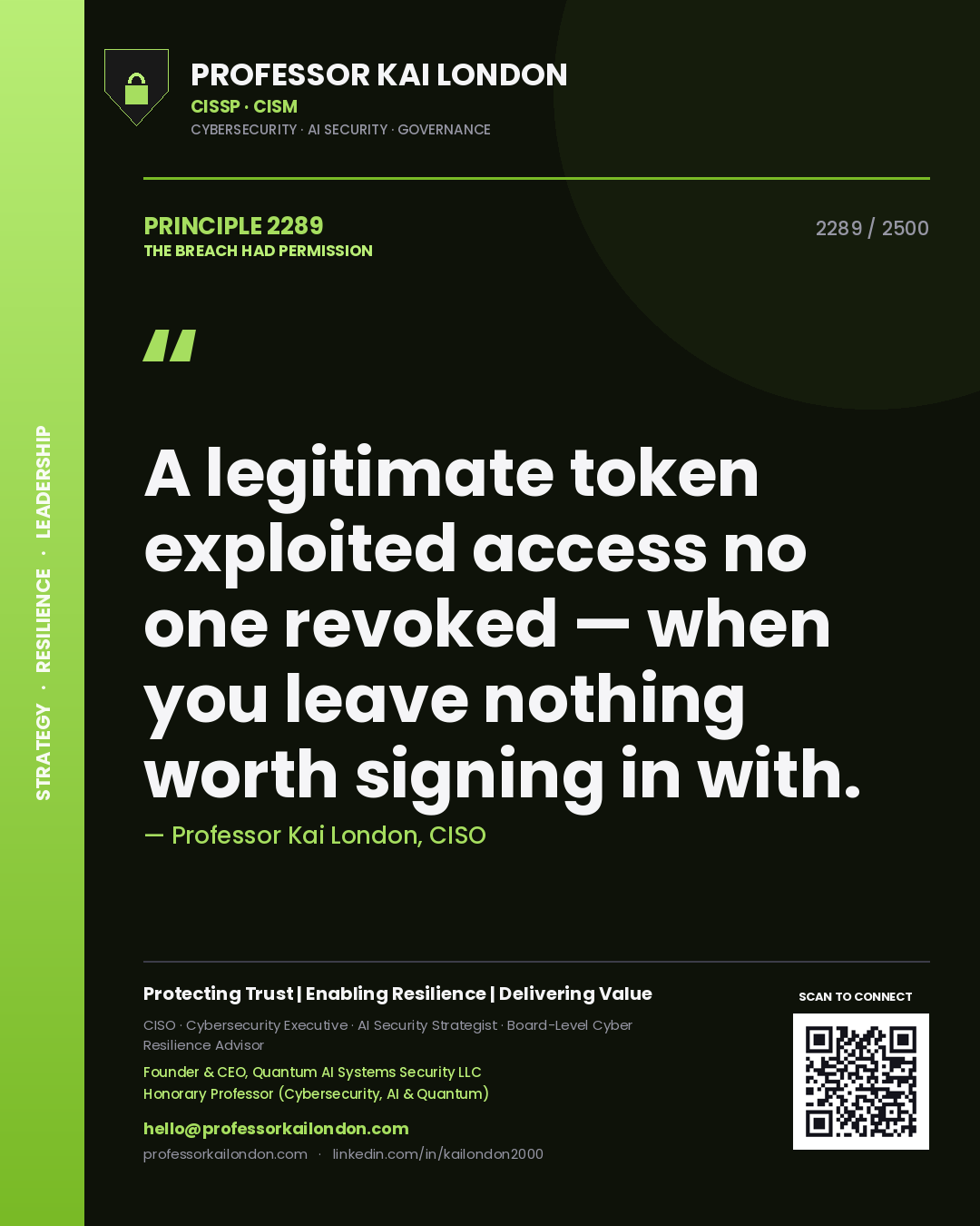 Quote card by Professor Kai London reading 'A legitimate token exploited access no one revoked — when you leave nothing worth signing in with.'. From the book The Breach Had Permission.