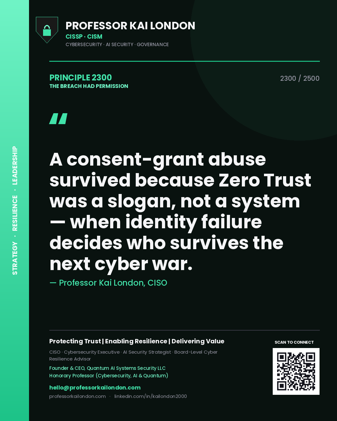 Quote card by Professor Kai London reading 'A consent-grant abuse survived because Zero Trust was a slogan, not a system — when identity failure decides who survives the next cyber war.'. From the book The Breach Had Permission.