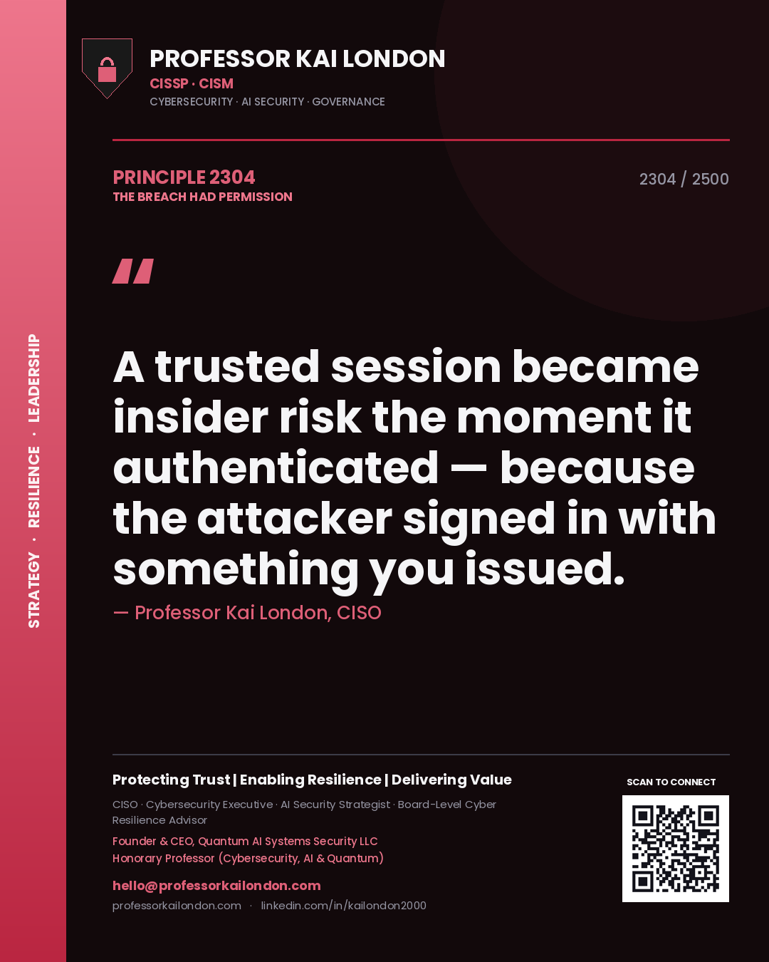 Quote card by Professor Kai London reading 'A trusted session became insider risk the moment it authenticated — because the attacker signed in with something you issued.'. From the book The Breach Had Permission.