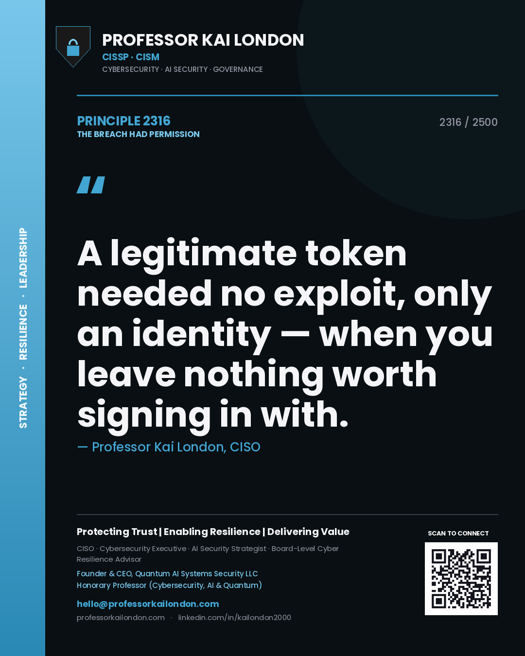 Professor Kai London principle 2316: A legitimate token needed no exploit, only an identity — when you leave nothing worth signing in with.