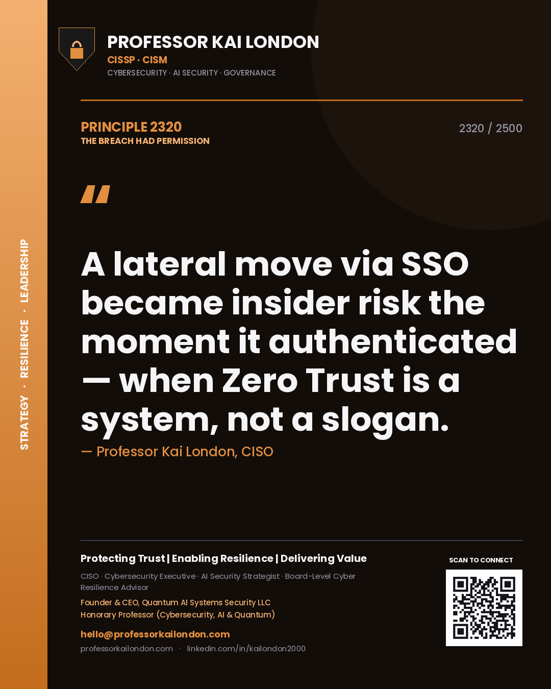 Professor Kai London principle 2320: A lateral move via SSO became insider risk the moment it authenticated — when Zero Trust is a system, not a slogan.