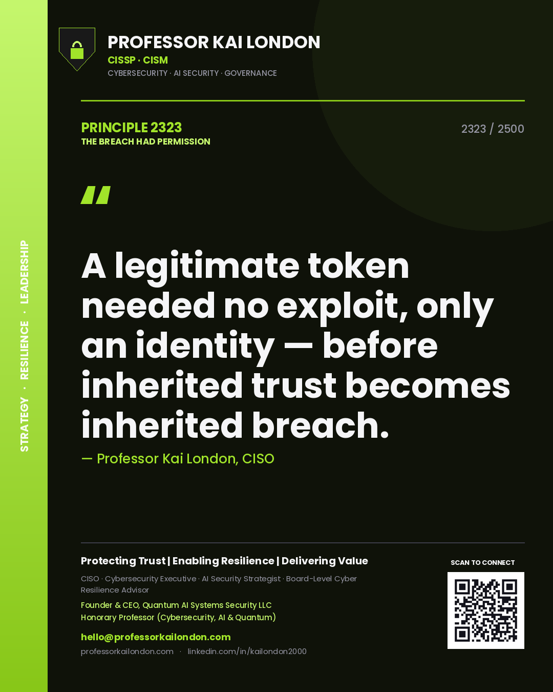 Professor Kai London principle 2323: A legitimate token needed no exploit, only an identity — before inherited trust becomes inherited breach.