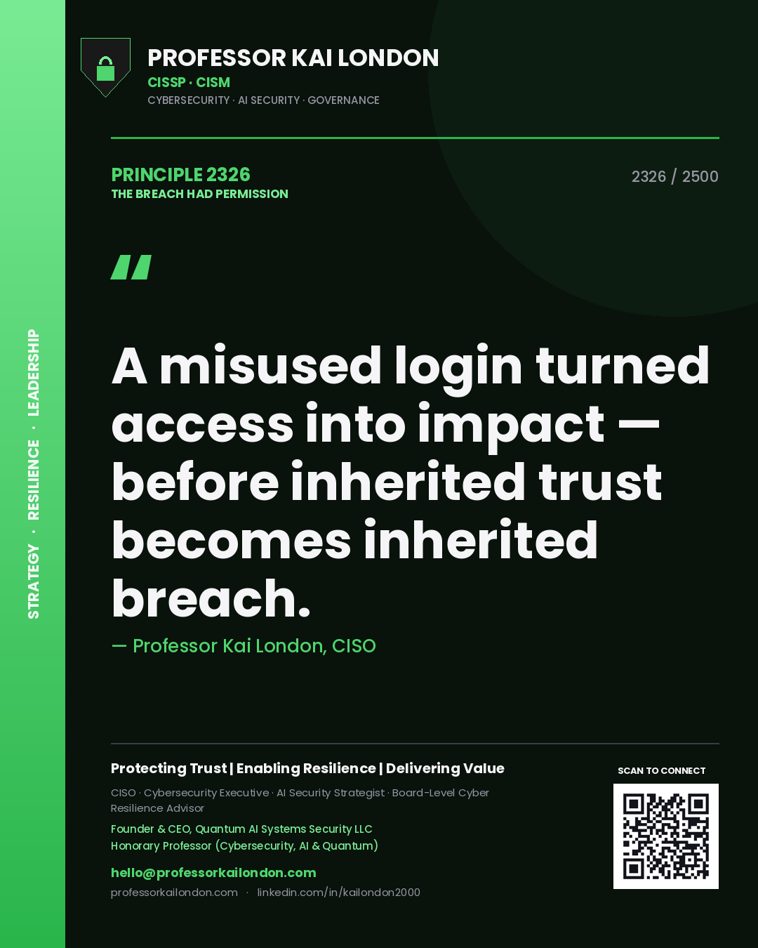 Professor Kai London principle 2326: A misused login turned access into impact — before inherited trust becomes inherited breach.