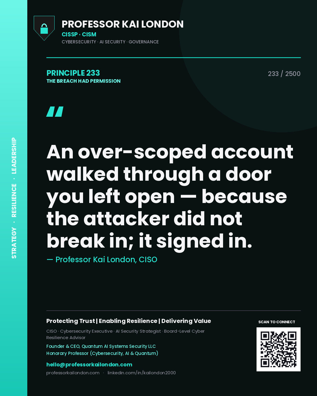 Professor Kai London principle 233: An over-scoped account walked through a door you left open — because the attacker did not break in; it signed in.