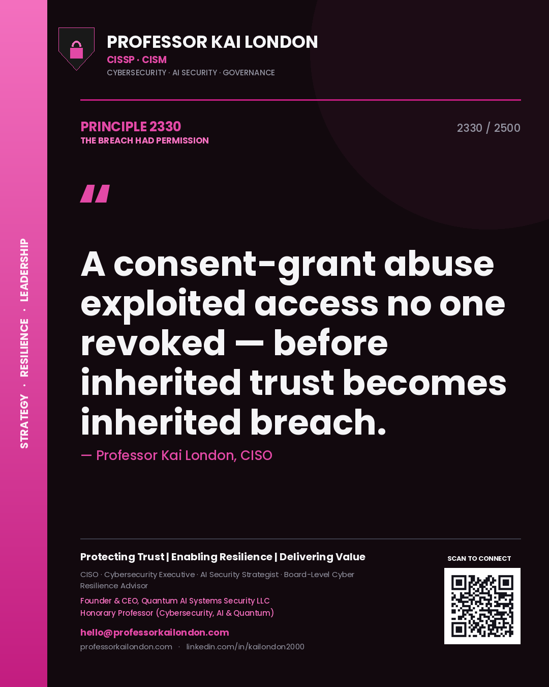 Professor Kai London principle 2330: A consent-grant abuse exploited access no one revoked — before inherited trust becomes inherited breach.