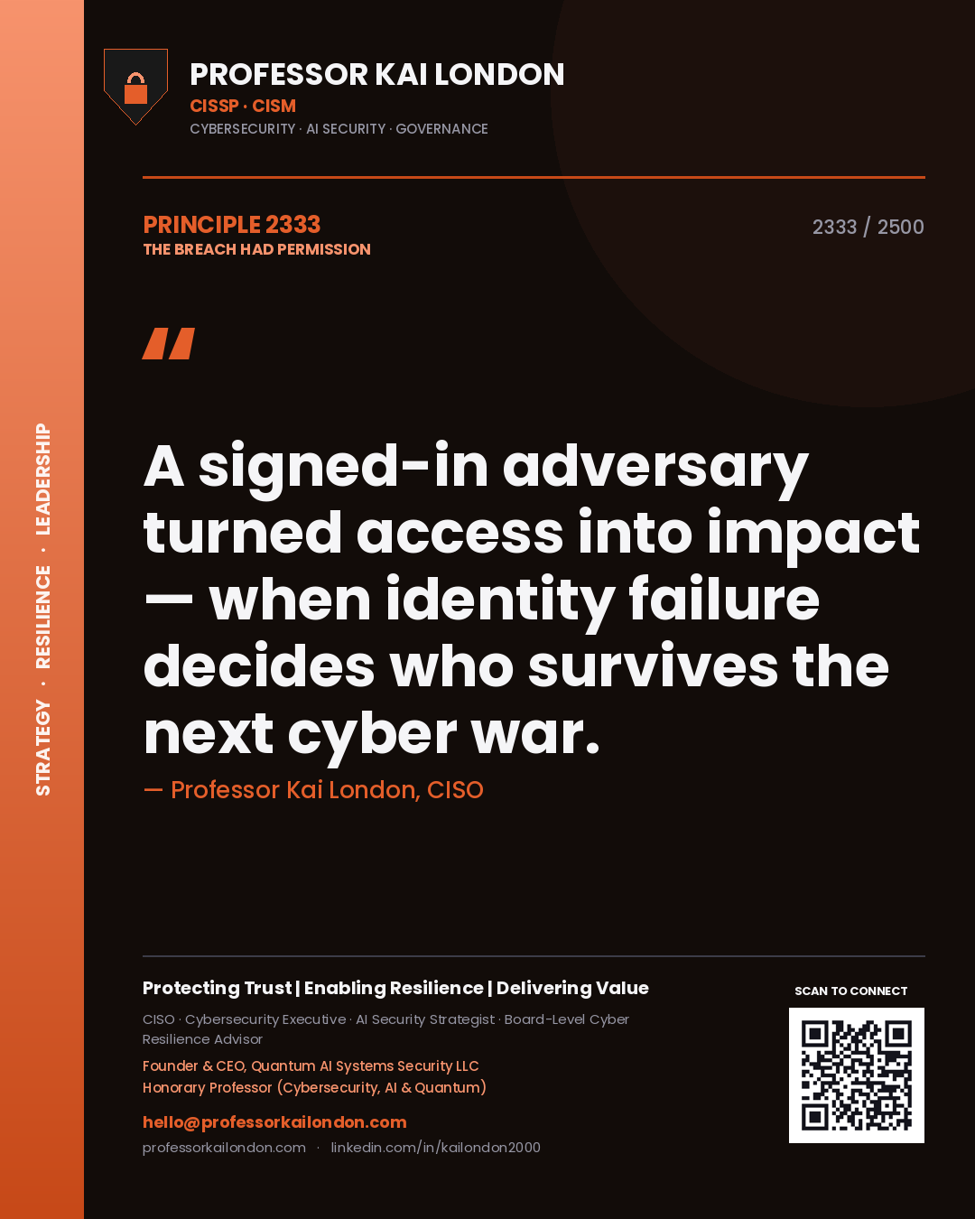Quote card by Professor Kai London reading 'A signed-in adversary turned access into impact — when identity failure decides who survives the next cyber war.'. From the book The Breach Had Permission.