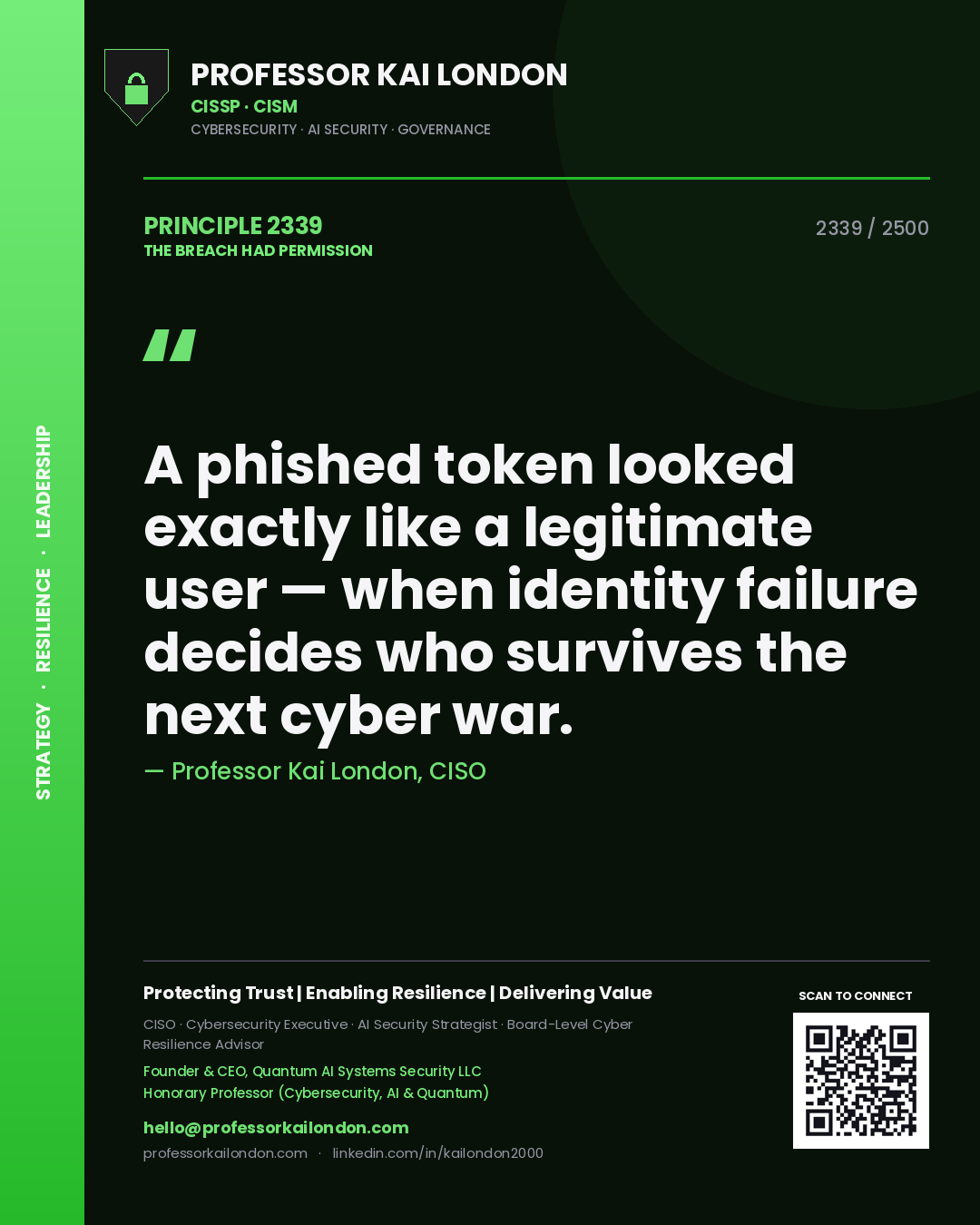 Professor Kai London principle 2339: A phished token looked exactly like a legitimate user — when identity failure decides who survives the next cyber war.
