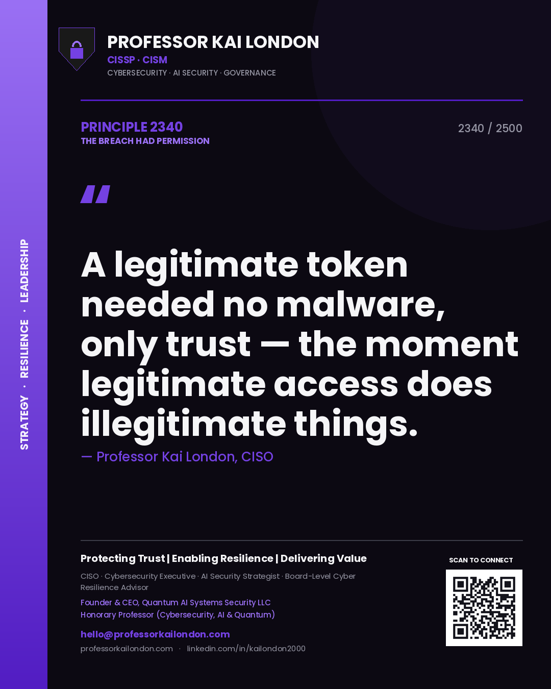 Quote card by Professor Kai London reading 'A legitimate token needed no malware, only trust — the moment legitimate access does illegitimate things.'. From the book The Breach Had Permission.