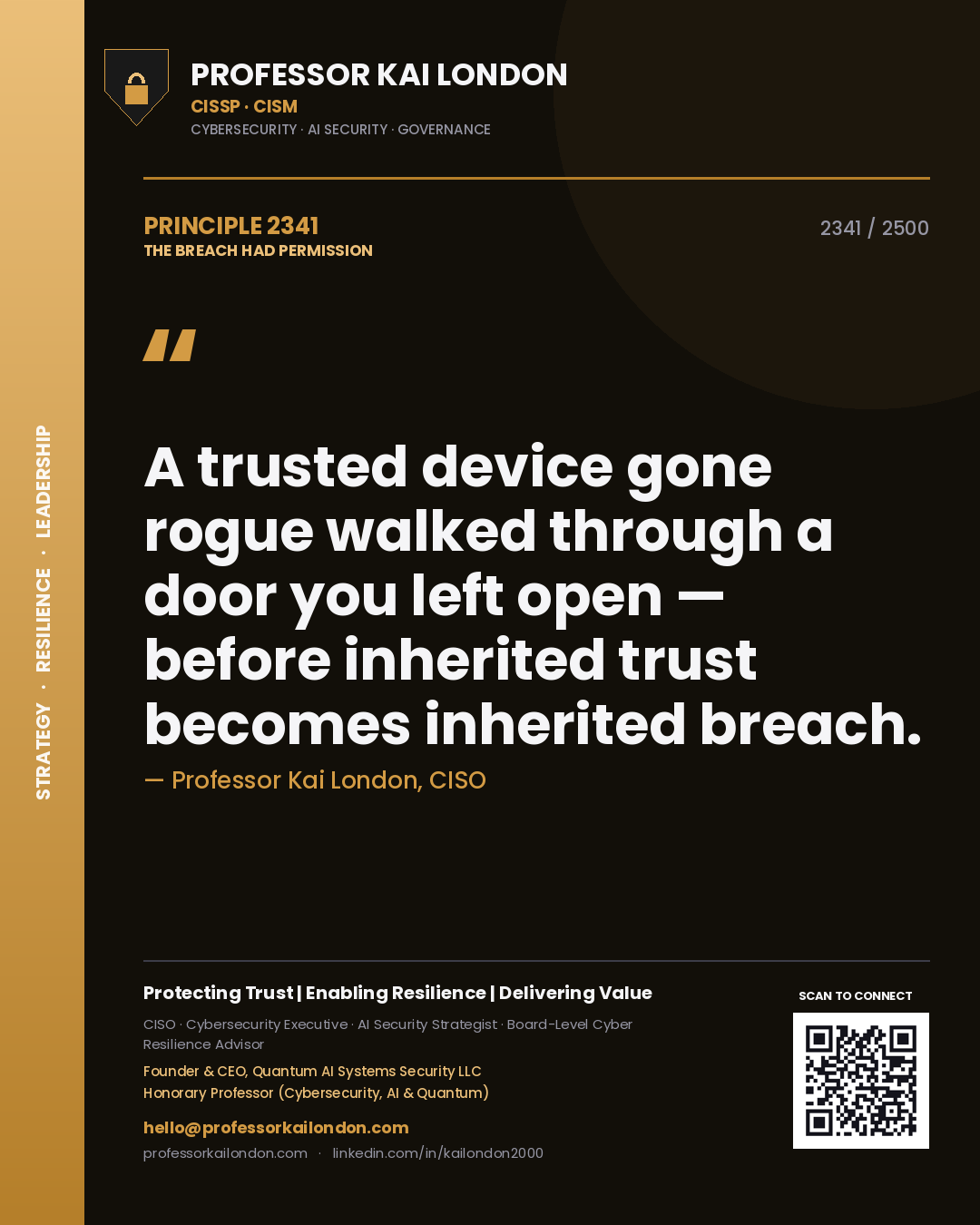 Quote card by Professor Kai London reading 'A trusted device gone rogue walked through a door you left open — before inherited trust becomes inherited breach.'. From the book The Breach Had Permission.