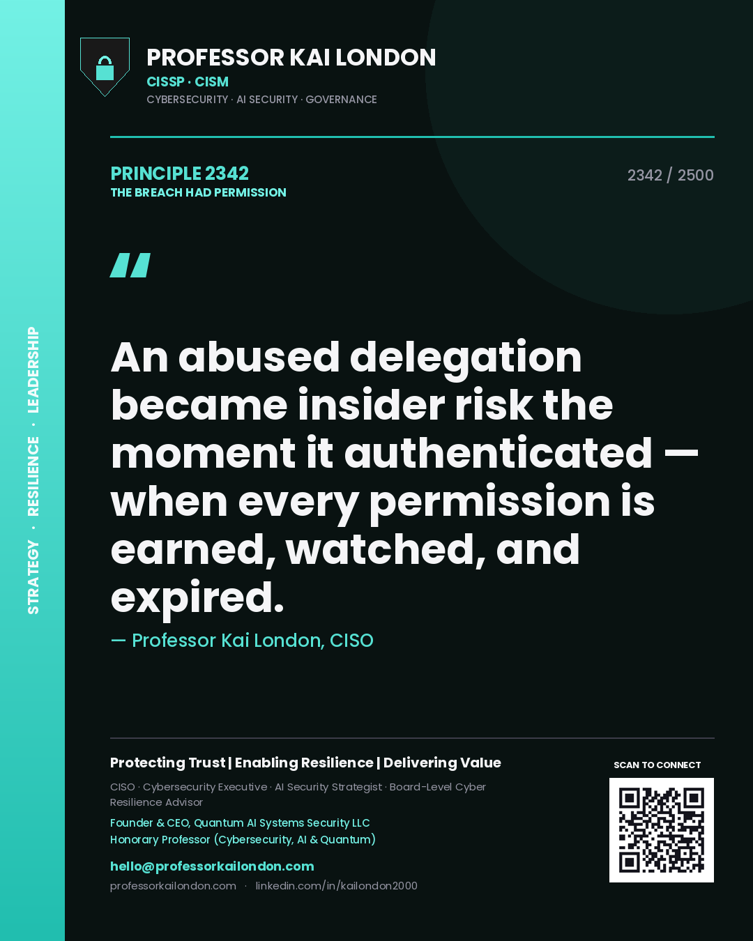 Quote card by Professor Kai London reading 'An abused delegation became insider risk the moment it authenticated — when every permission is earned, watched, and expired.'. From the book The Breach Had Permission.