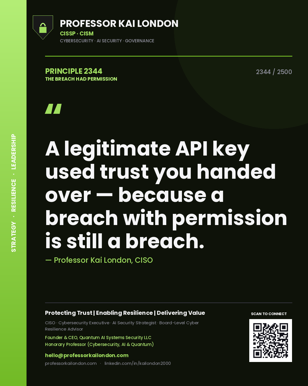 Quote card by Professor Kai London reading 'A legitimate API key used trust you handed over — because a breach with permission is still a breach.'. From the book The Breach Had Permission.