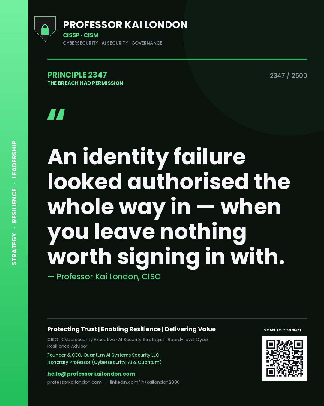 Professor Kai London principle 2347: An identity failure looked authorised the whole way in — when you leave nothing worth signing in with.