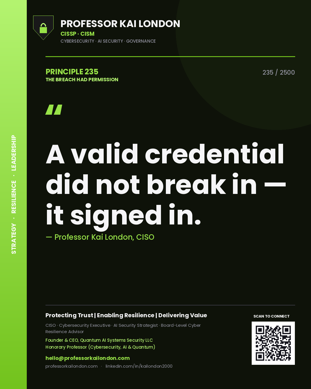 Professor Kai London principle 235: A valid credential did not break in — it signed in.
