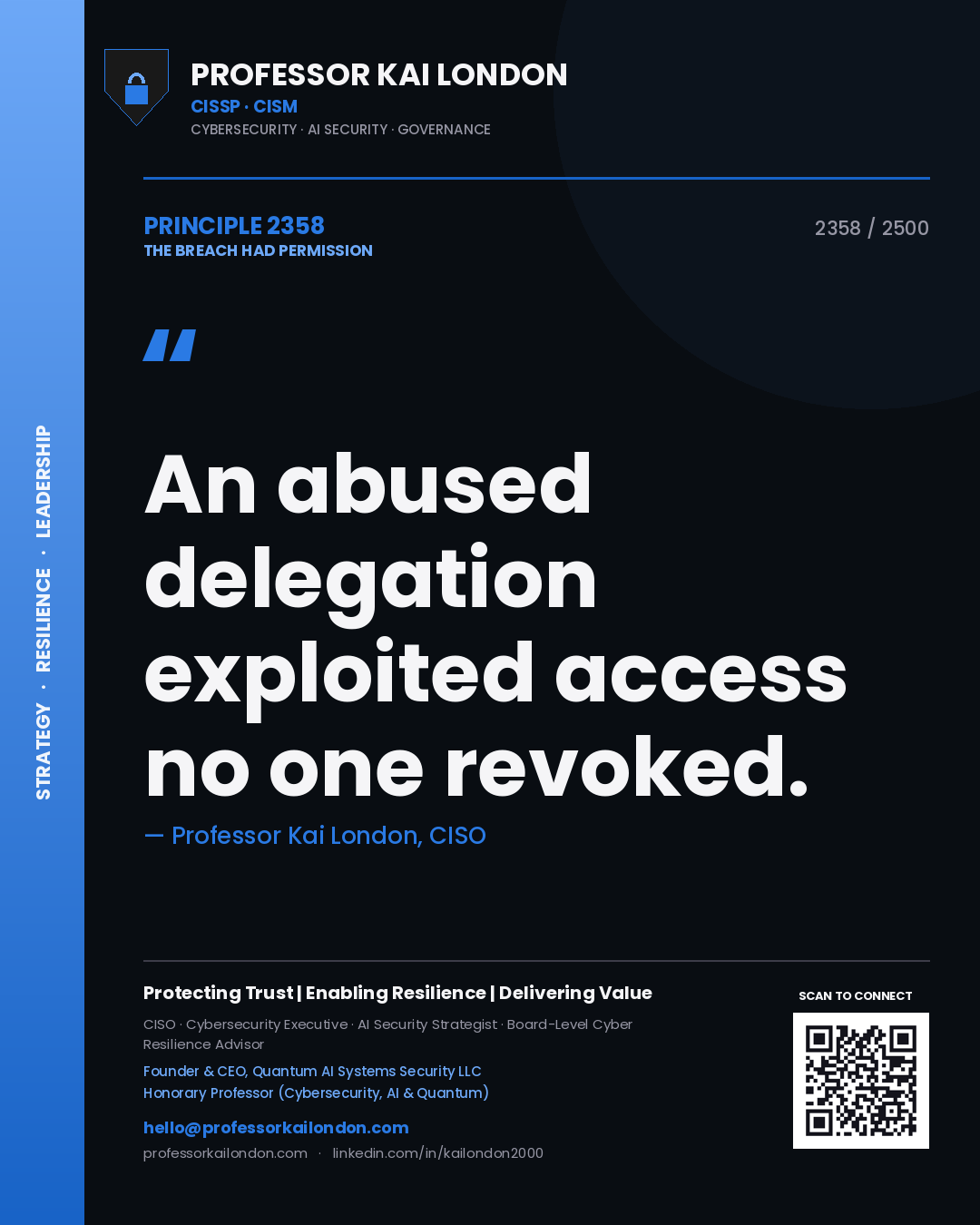 Quote card by Professor Kai London reading 'An abused delegation exploited access no one revoked.'. From the book The Breach Had Permission.