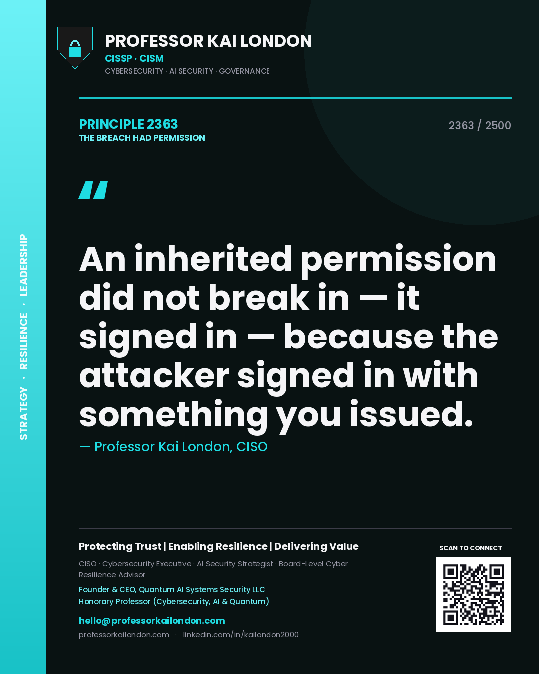 Professor Kai London principle 2363: An inherited permission did not break in — it signed in — because the attacker signed in with something you issued.