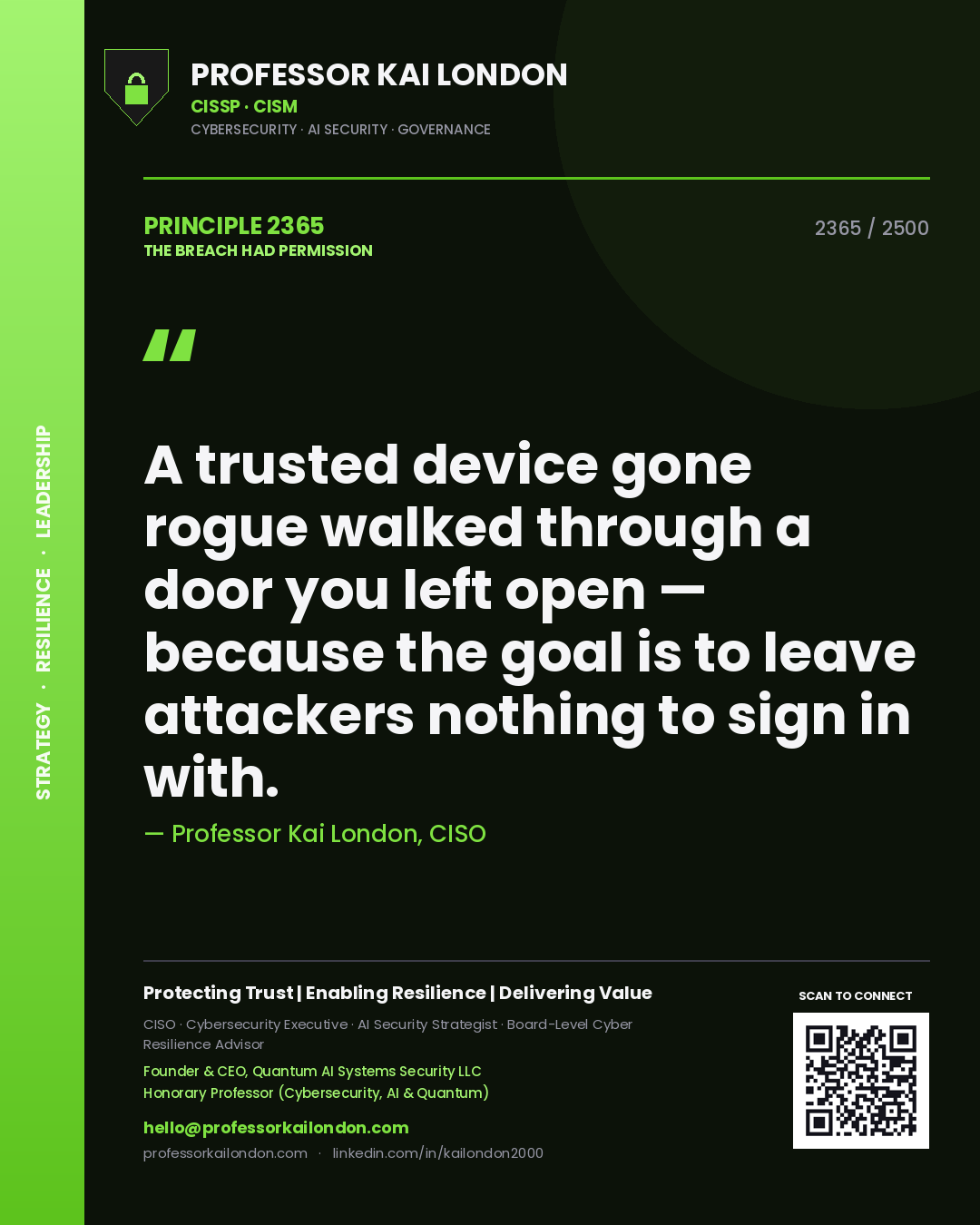 Quote card by Professor Kai London reading 'A trusted device gone rogue walked through a door you left open — because the goal is to leave attackers nothing to sign in with.'. From the book The Breach Had Permission.