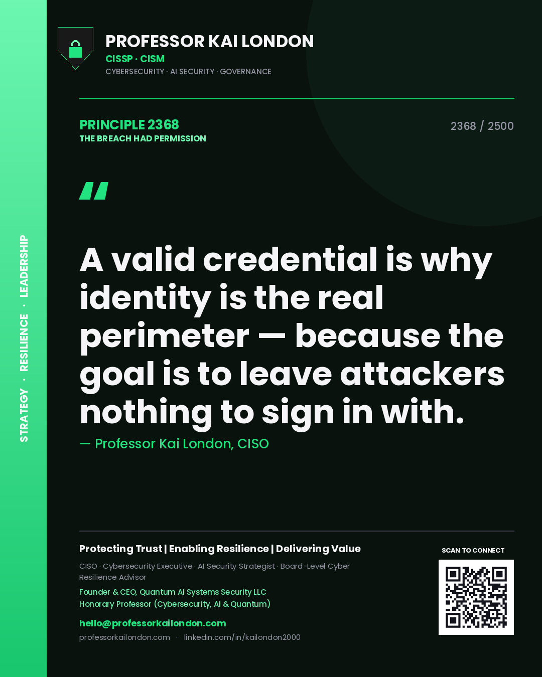 Professor Kai London principle 2368: A valid credential is why identity is the real perimeter — because the goal is to leave attackers nothing to sign in with.