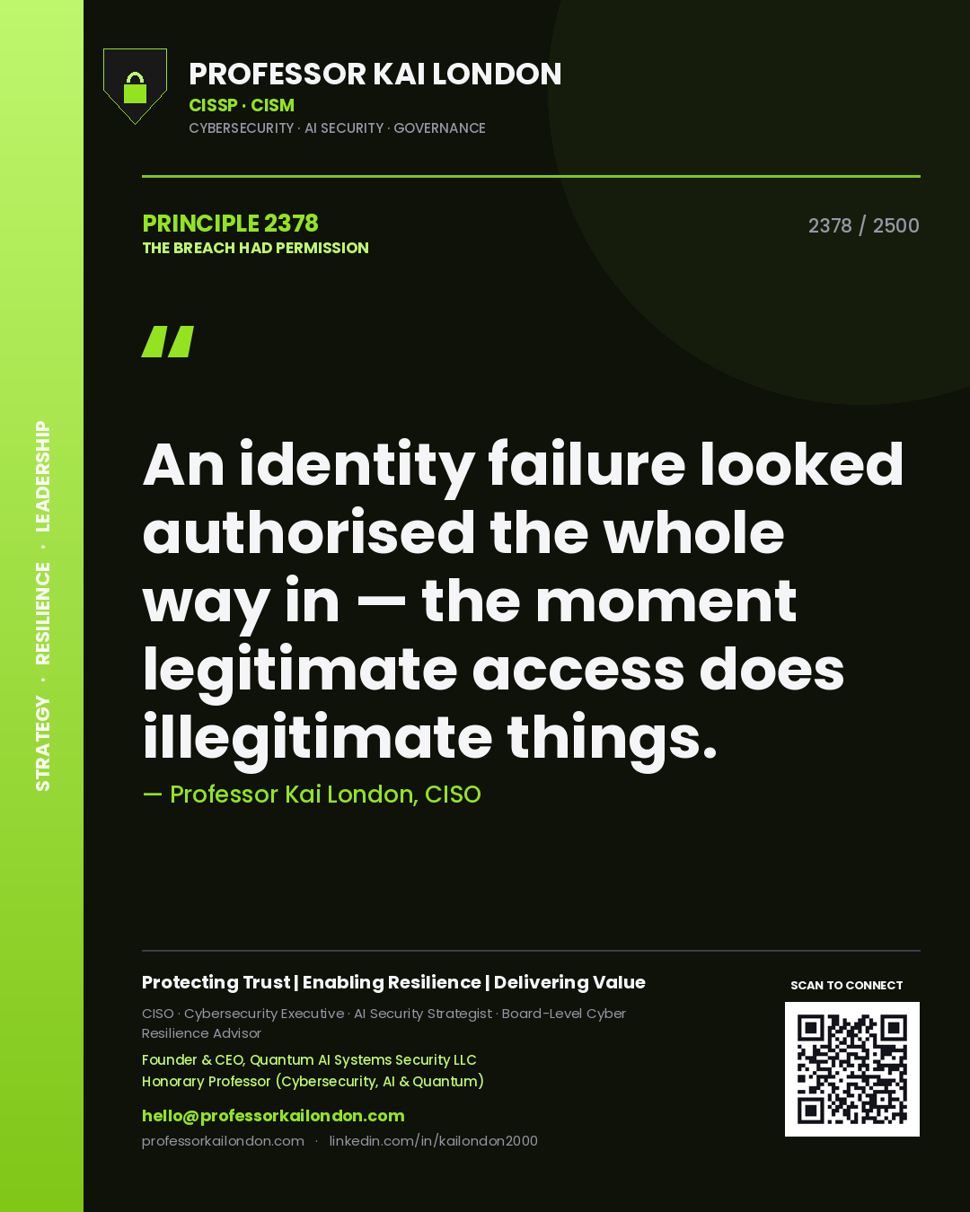 Professor Kai London principle 2378: An identity failure looked authorised the whole way in — the moment legitimate access does illegitimate things.