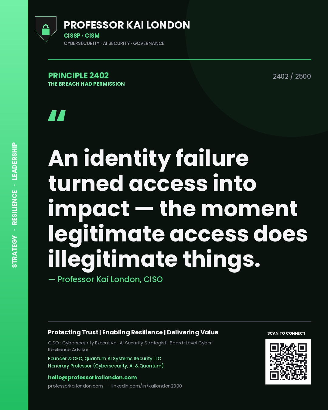 Professor Kai London principle 2402: An identity failure turned access into impact — the moment legitimate access does illegitimate things.