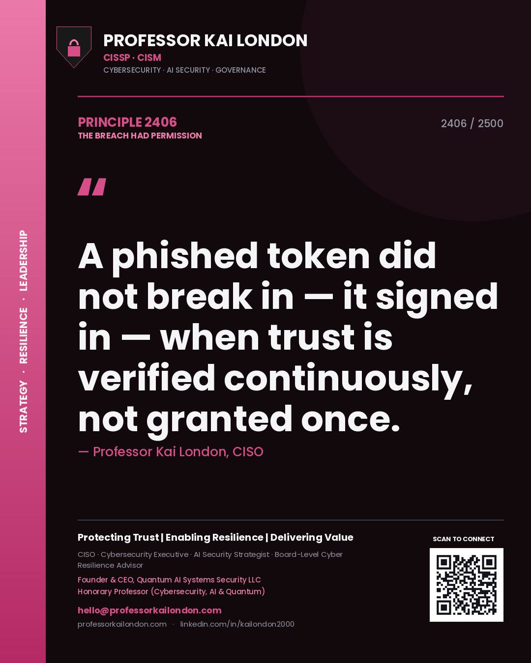 Quote card by Professor Kai London reading 'A phished token did not break in — it signed in — when trust is verified continuously, not granted once.'. From the book The Breach Had Permission.