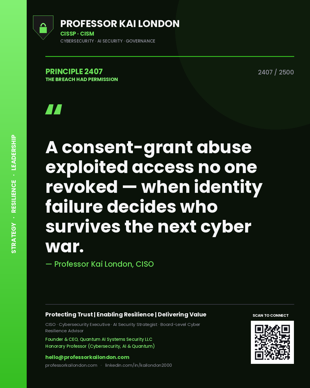 Professor Kai London principle 2407: A consent-grant abuse exploited access no one revoked — when identity failure decides who survives the next cyber war.