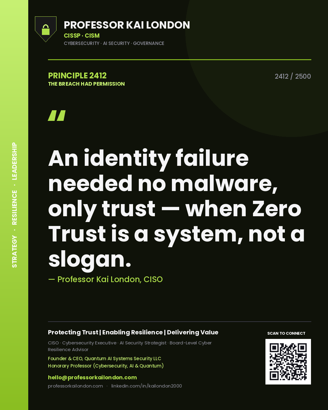 Quote card by Professor Kai London reading 'An identity failure needed no malware, only trust — when Zero Trust is a system, not a slogan.'. From the book The Breach Had Permission.
