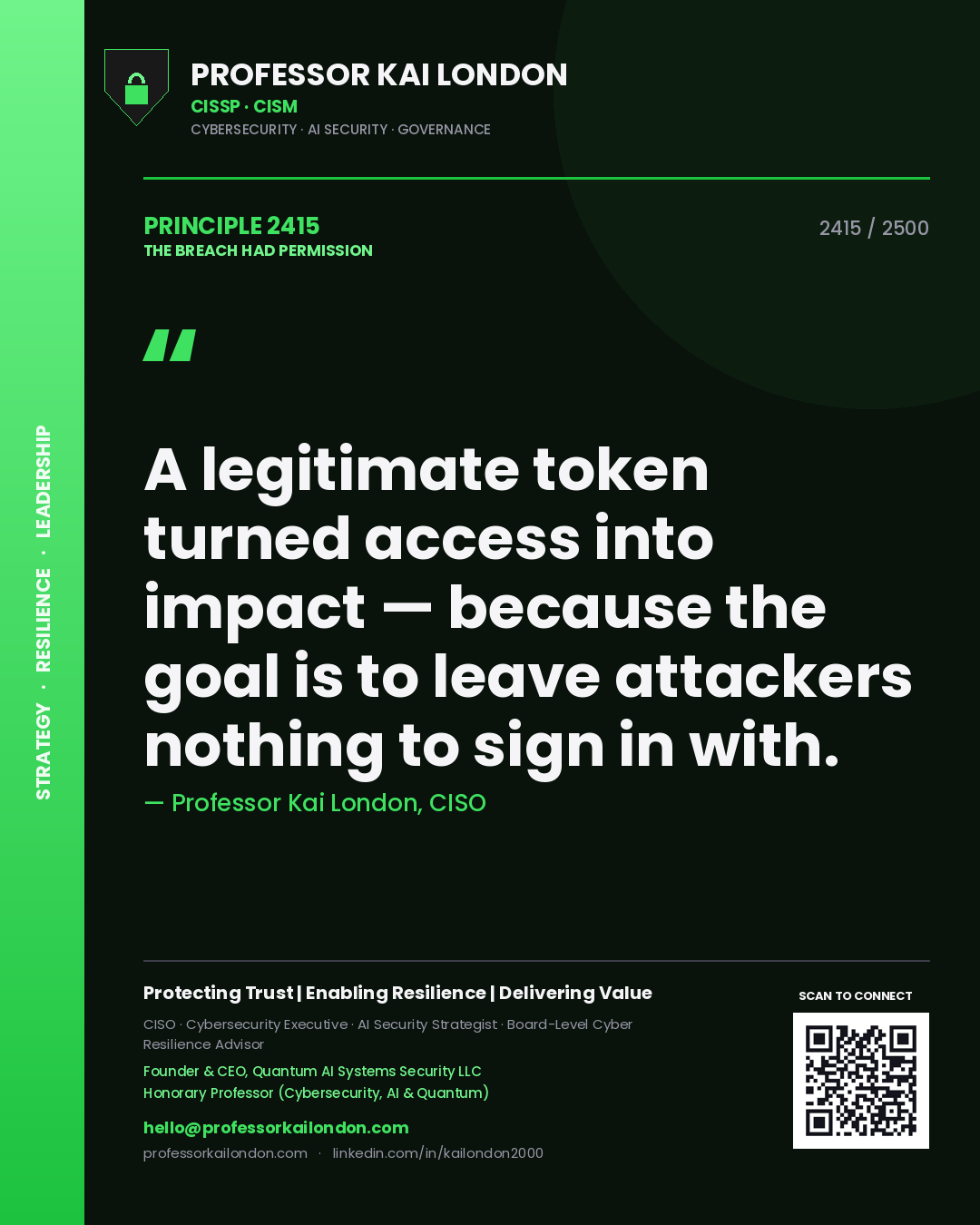 Professor Kai London principle 2415: A legitimate token turned access into impact — because the goal is to leave attackers nothing to sign in with.