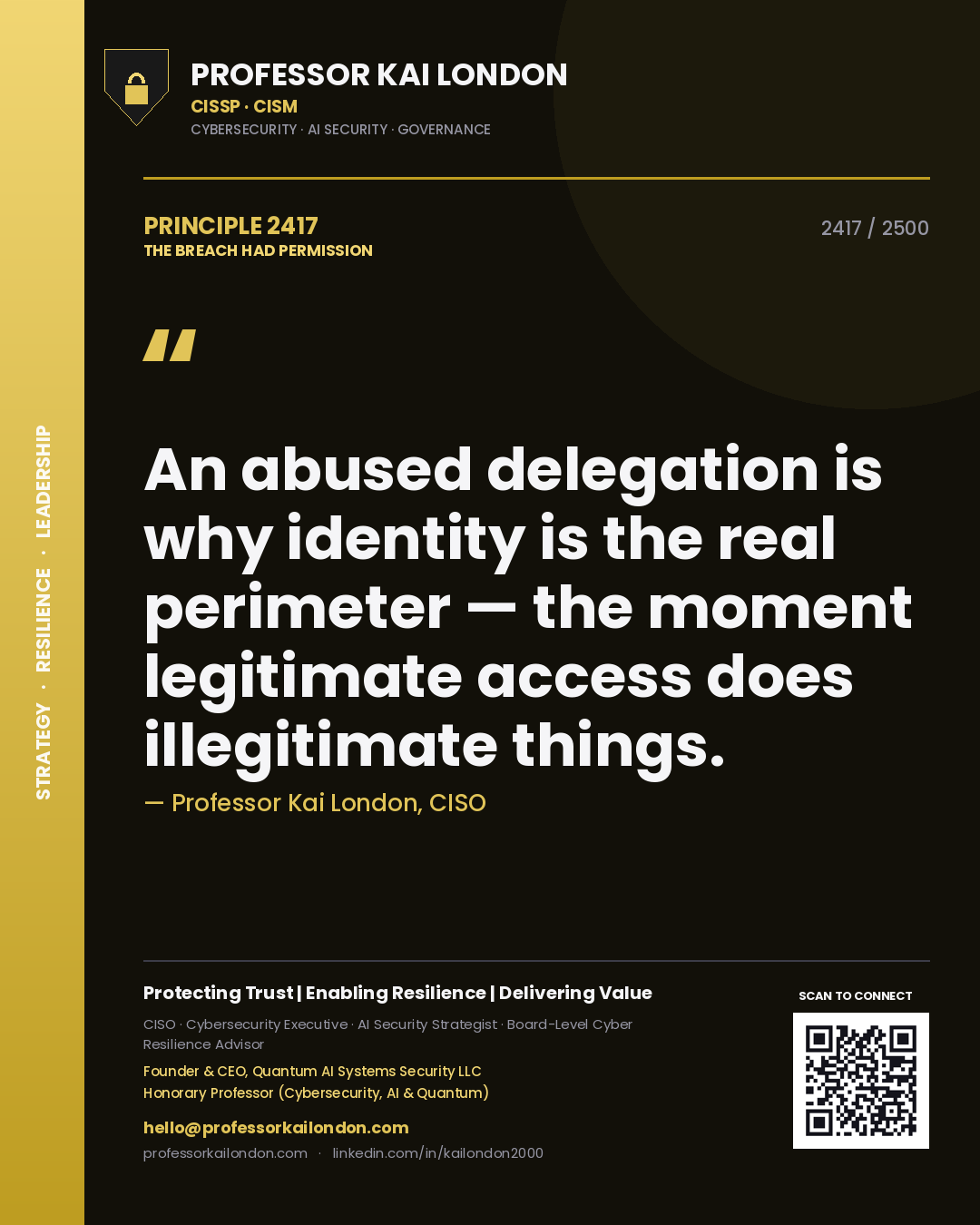 Professor Kai London principle 2417: An abused delegation is why identity is the real perimeter — the moment legitimate access does illegitimate things.