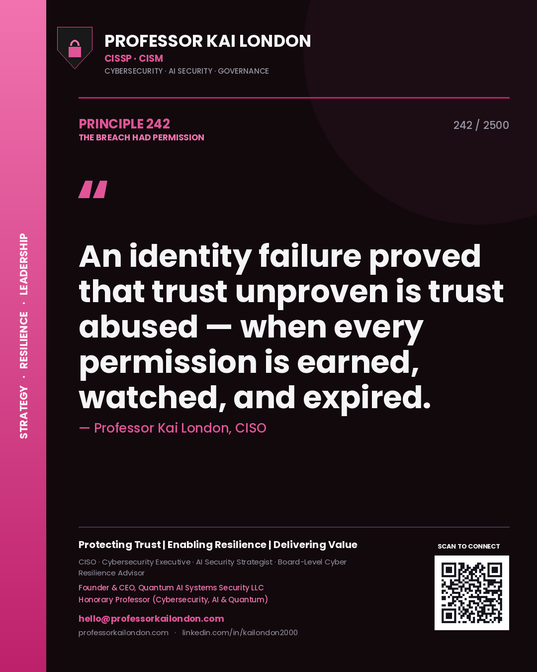 Professor Kai London principle 242: An identity failure proved that trust unproven is trust abused — when every permission is earned, watched, and expired.
