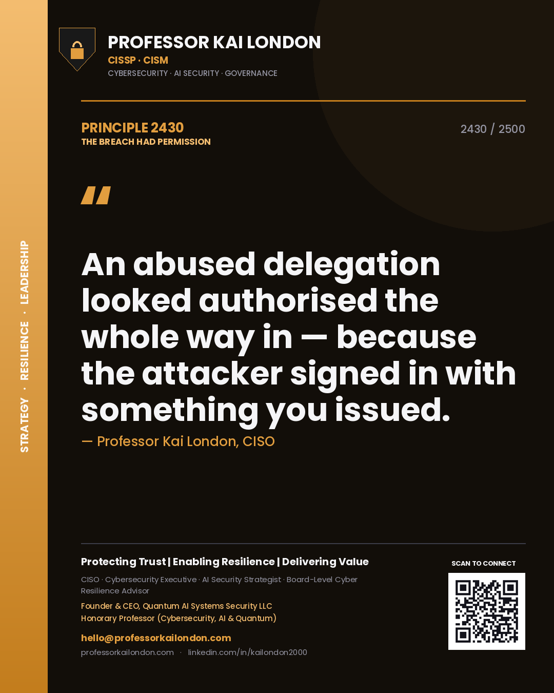 Professor Kai London principle 2430: An abused delegation looked authorised the whole way in — because the attacker signed in with something you issued.