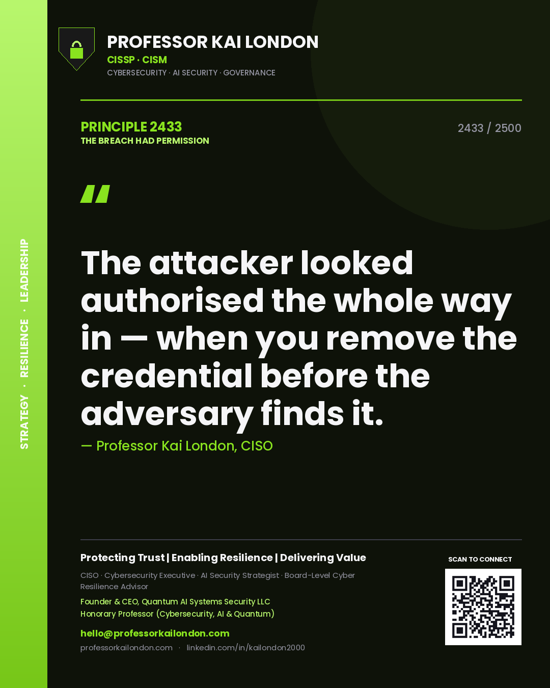 Quote card by Professor Kai London reading 'The attacker looked authorised the whole way in — when you remove the credential before the adversary finds it.'. From the book The Breach Had Permission.