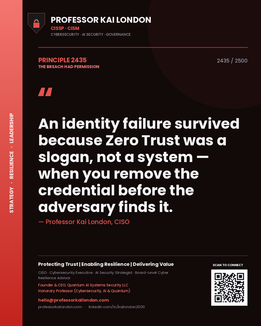 Professor Kai London principle 2435: An identity failure survived because Zero Trust was a slogan, not a system — when you remove the credential before the adversary finds it.