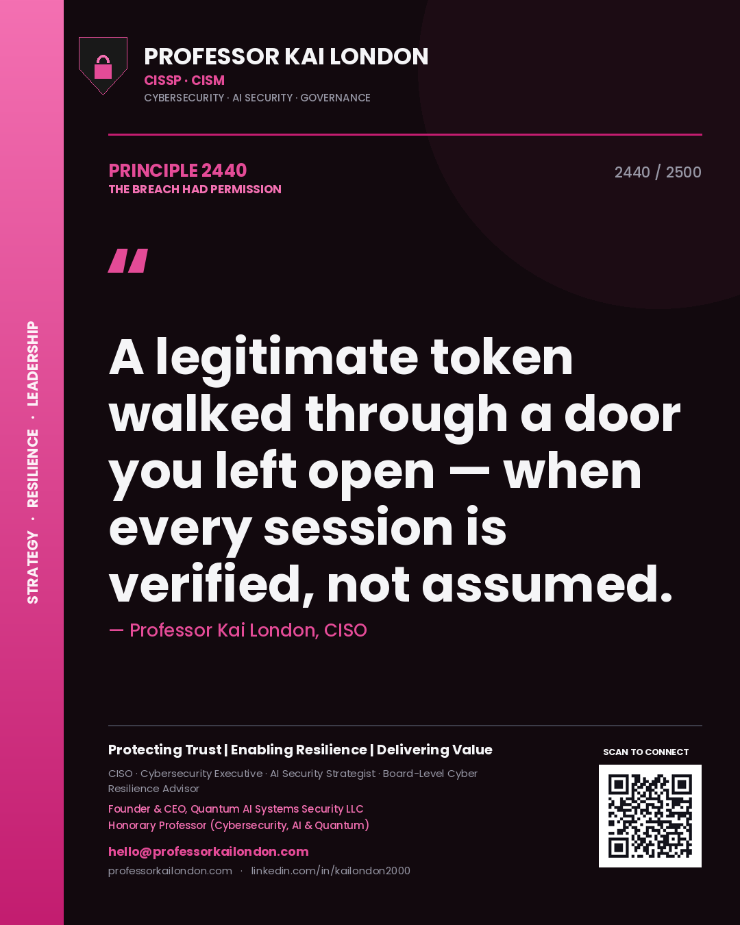 Quote card by Professor Kai London reading 'A legitimate token walked through a door you left open — when every session is verified, not assumed.'. From the book The Breach Had Permission.
