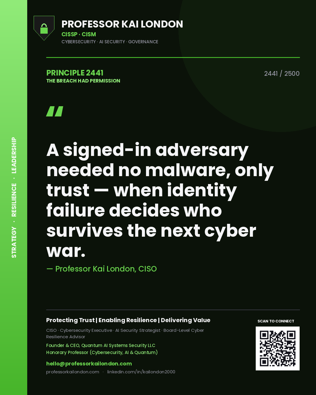 Professor Kai London principle 2441: A signed-in adversary needed no malware, only trust — when identity failure decides who survives the next cyber war.