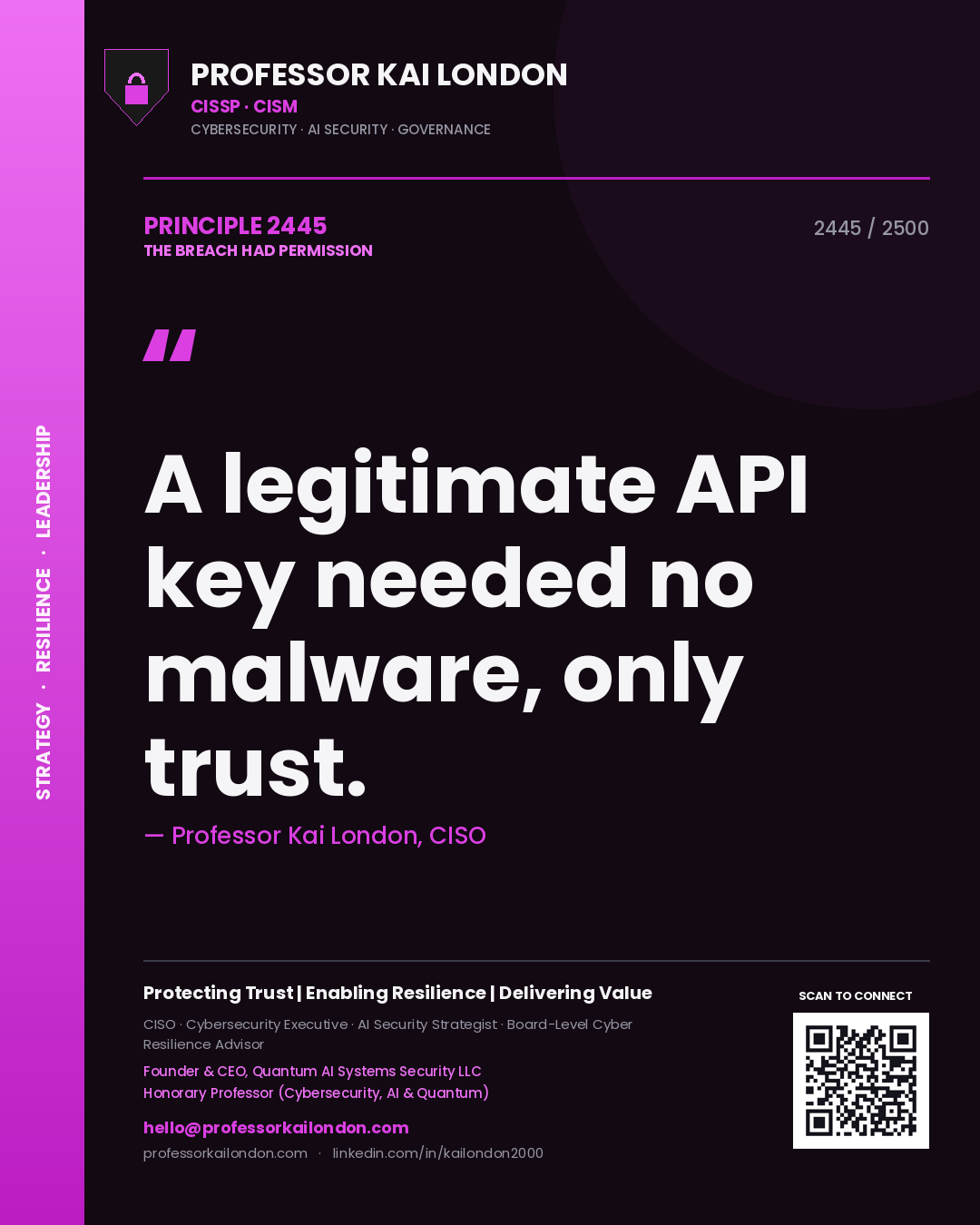 Quote card by Professor Kai London reading 'A legitimate API key needed no malware, only trust.'. From the book The Breach Had Permission.