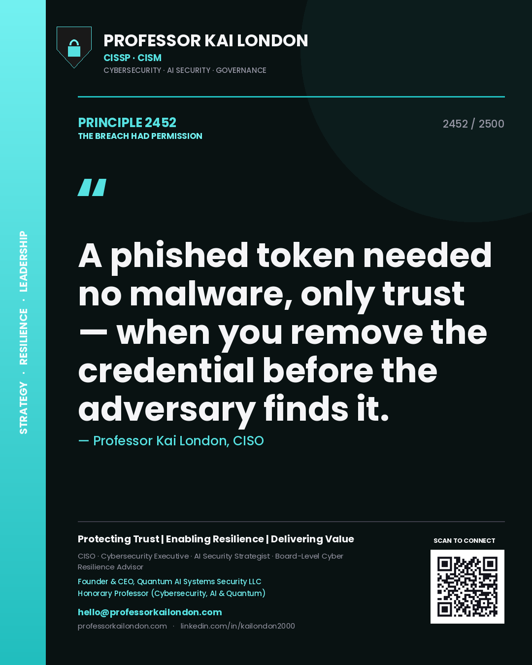 Professor Kai London principle 2452: A phished token needed no malware, only trust — when you remove the credential before the adversary finds it.