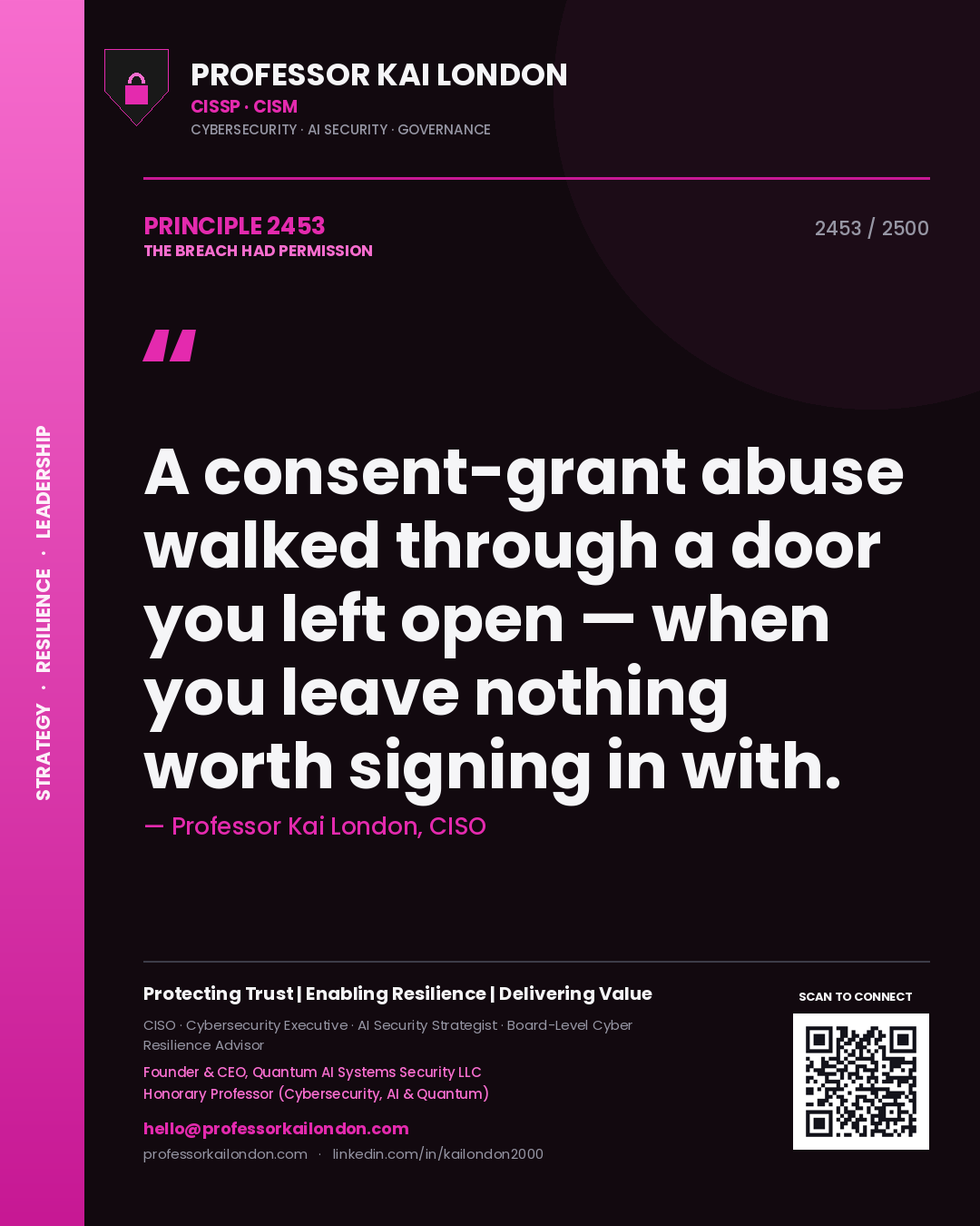 Quote card by Professor Kai London reading 'A consent-grant abuse walked through a door you left open — when you leave nothing worth signing in with.'. From the book The Breach Had Permission.