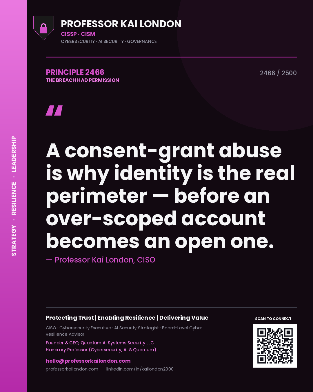 Professor Kai London principle 2466: A consent-grant abuse is why identity is the real perimeter — before an over-scoped account becomes an open one.