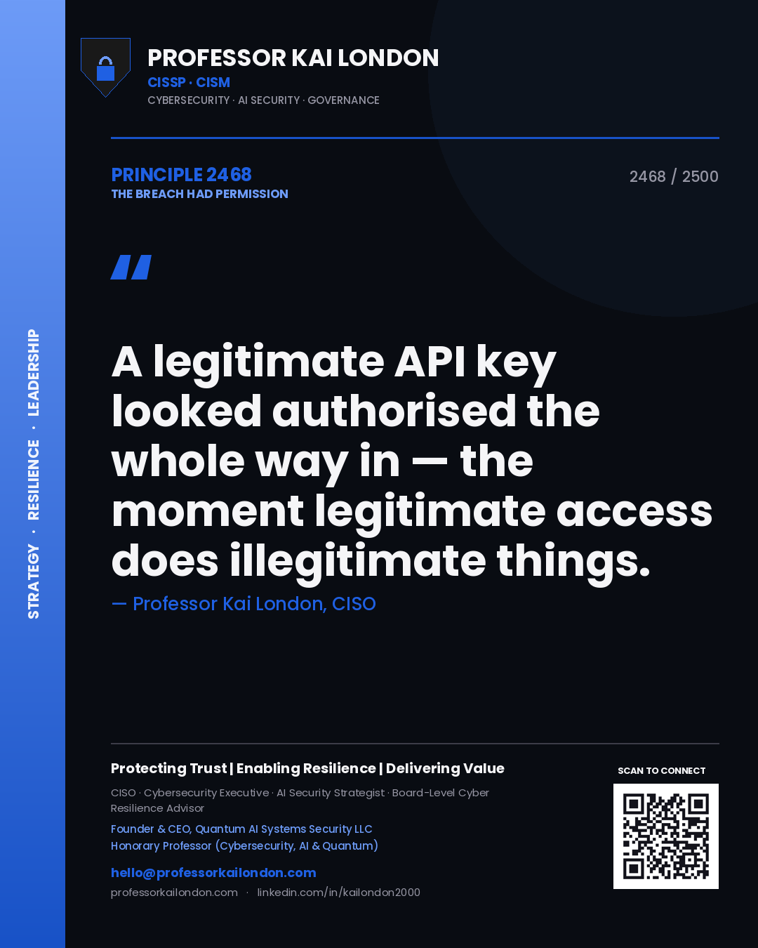 Professor Kai London principle 2468: A legitimate API key looked authorised the whole way in — the moment legitimate access does illegitimate things.