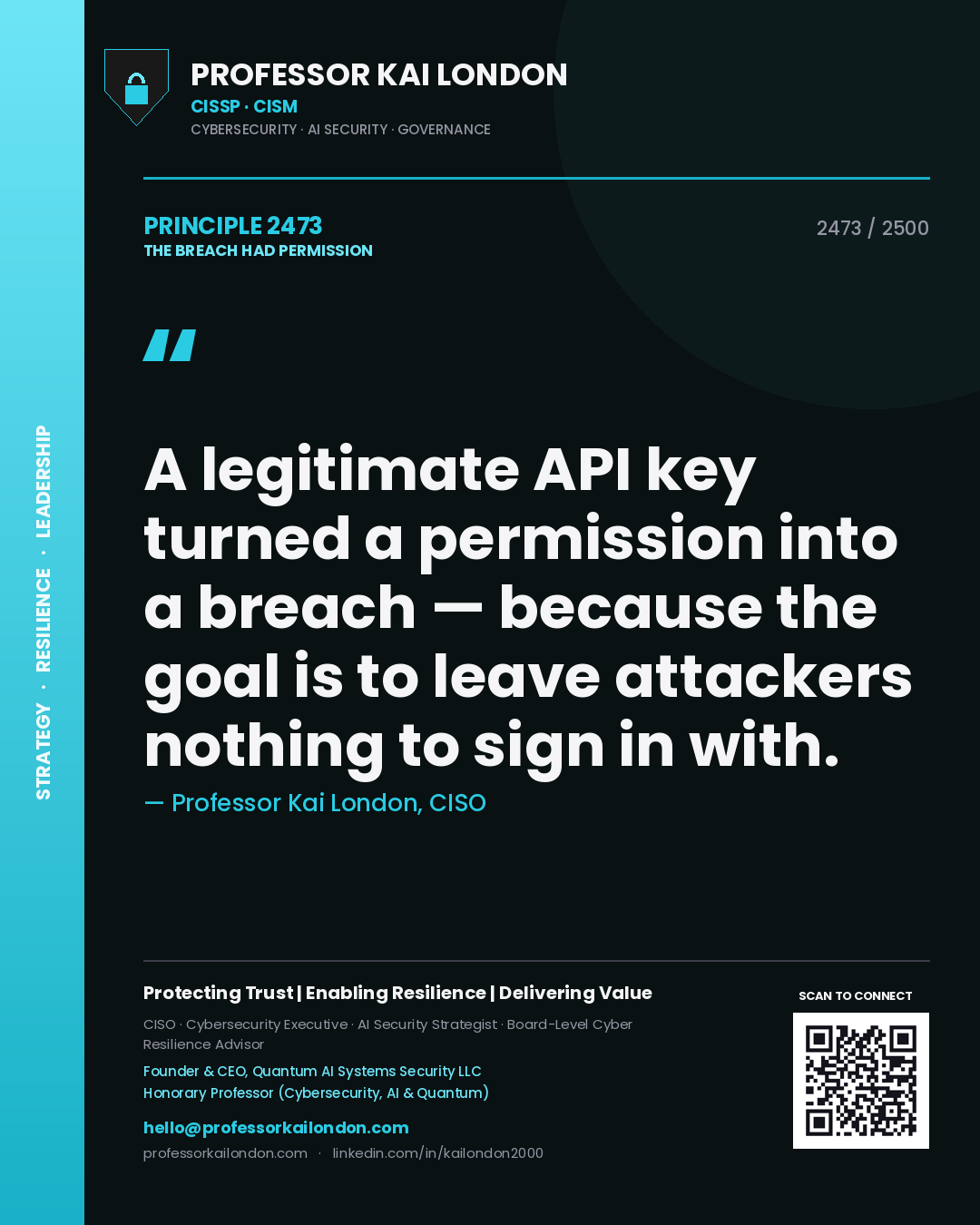 Quote card by Professor Kai London reading 'A legitimate API key turned a permission into a breach — because the goal is to leave attackers nothing to sign in with.'. From the book The Breach Had Permission.