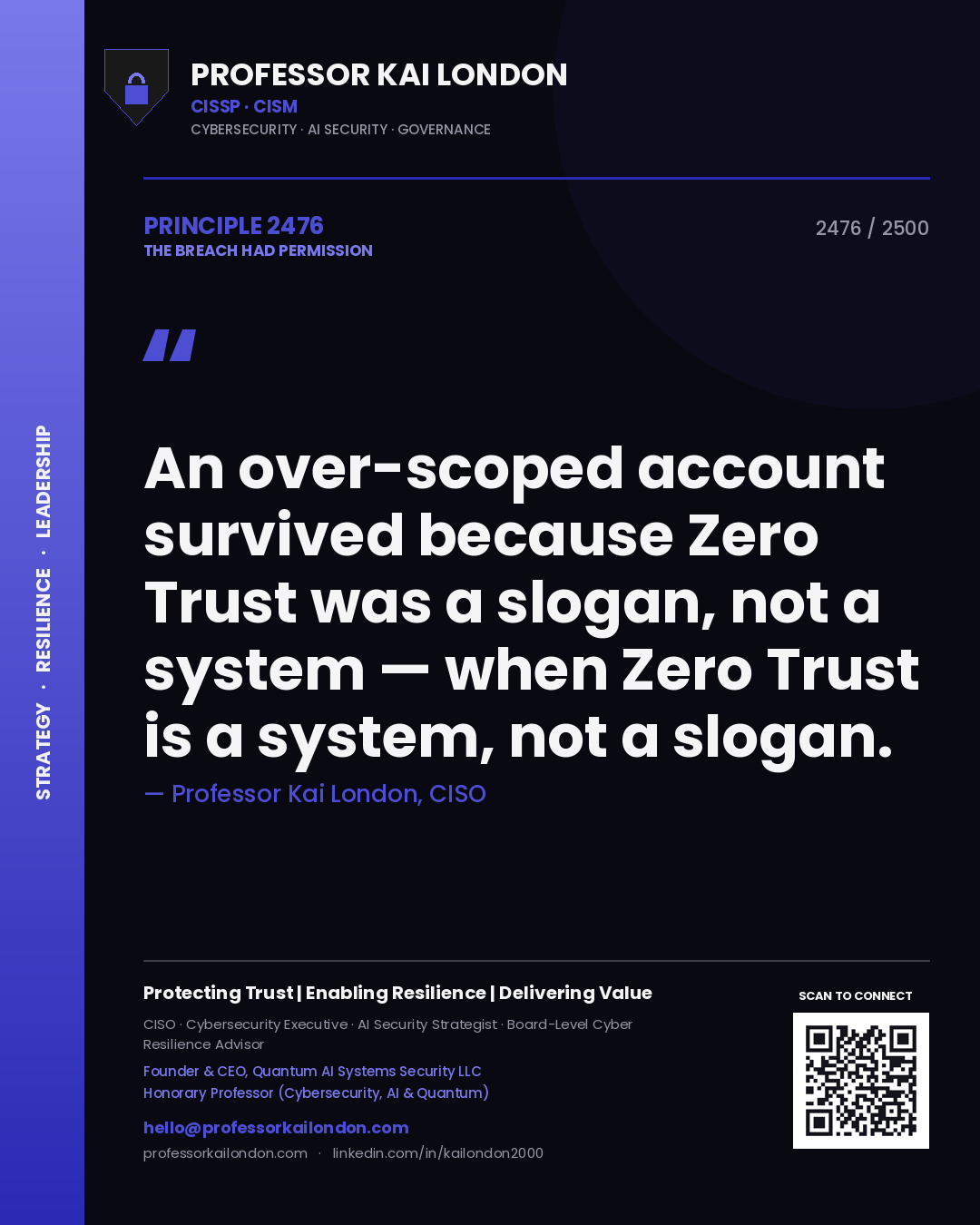 Professor Kai London principle 2476: An over-scoped account survived because Zero Trust was a slogan, not a system — when Zero Trust is a system, not a slogan.