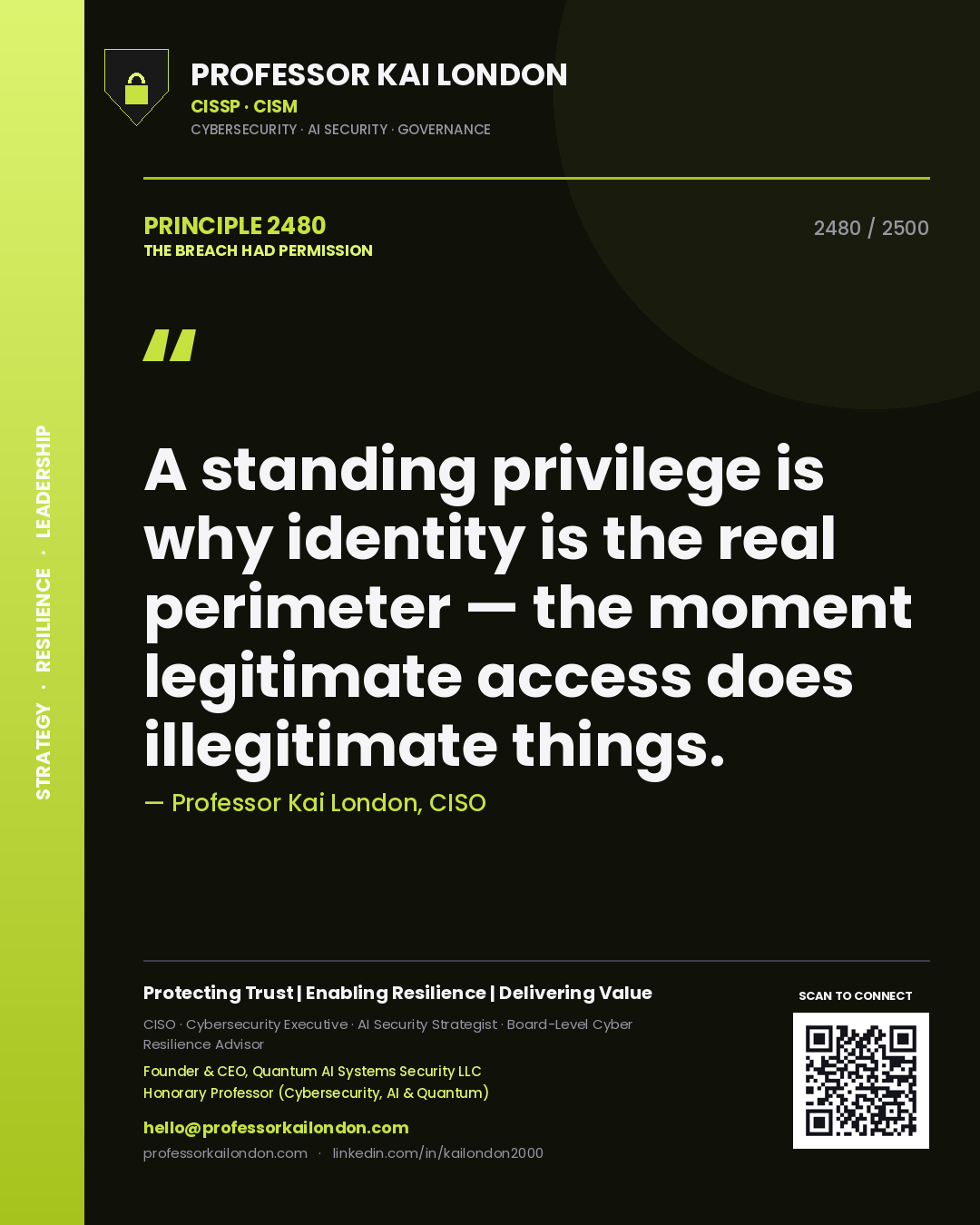 Professor Kai London principle 2480: A standing privilege is why identity is the real perimeter — the moment legitimate access does illegitimate things.