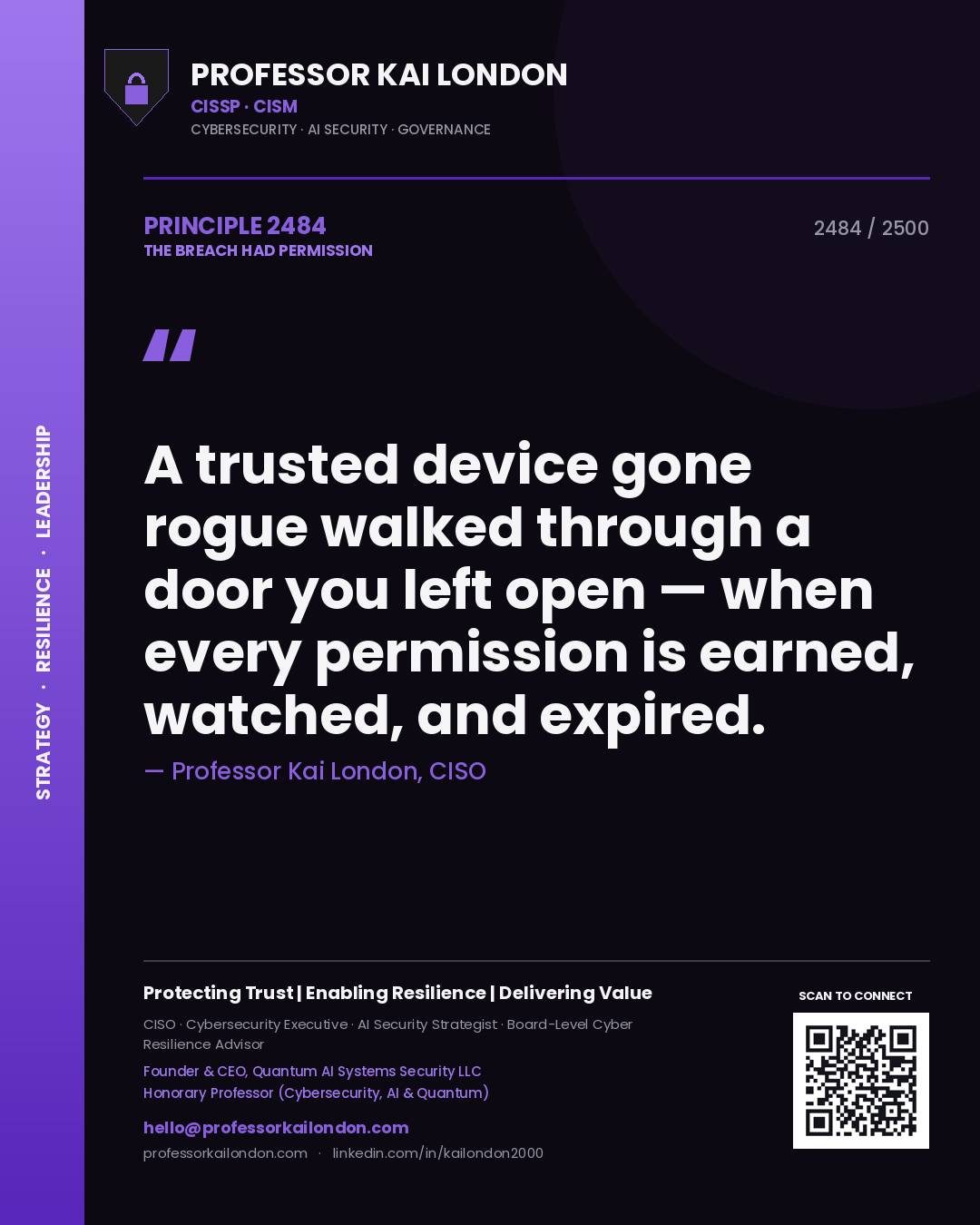 Professor Kai London principle 2484: A trusted device gone rogue walked through a door you left open — when every permission is earned, watched, and expired.