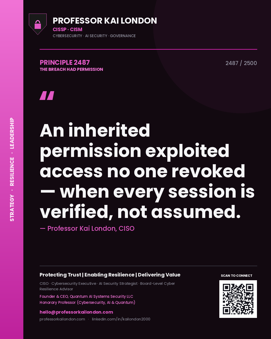Professor Kai London principle 2487: An inherited permission exploited access no one revoked — when every session is verified, not assumed.
