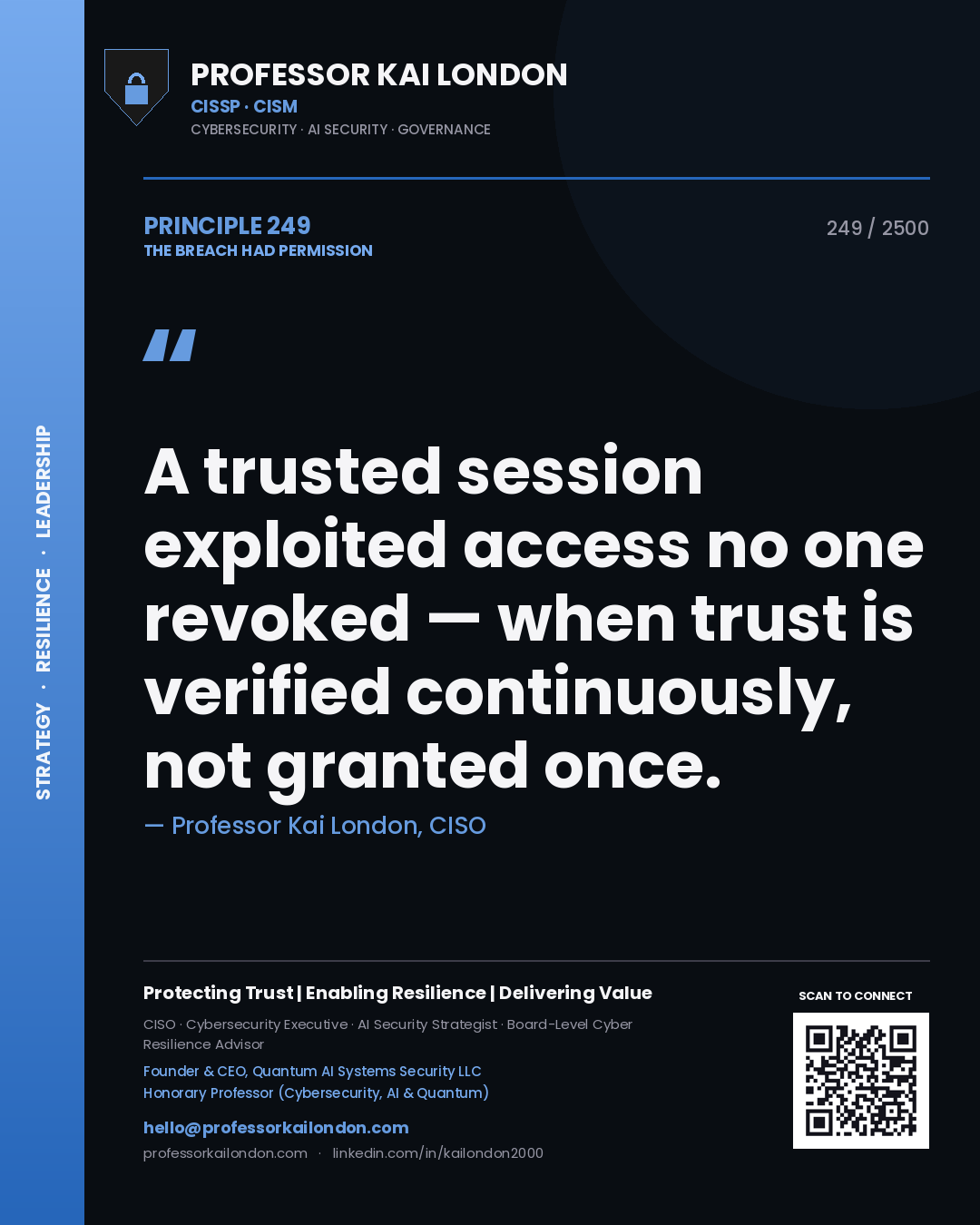Professor Kai London principle 249: A trusted session exploited access no one revoked — when trust is verified continuously, not granted once.