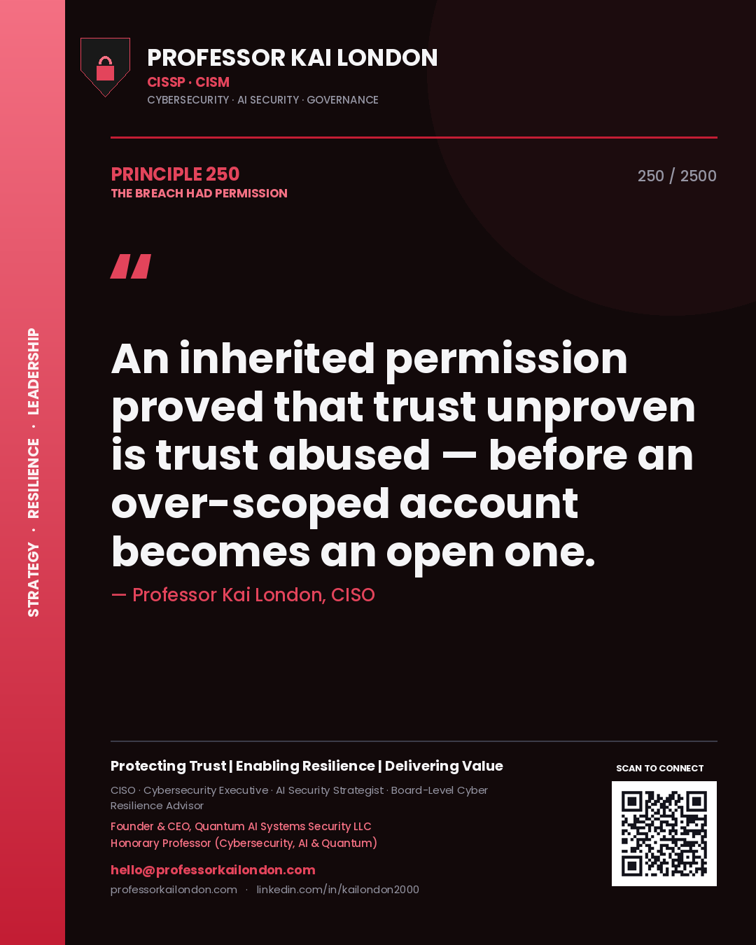 Professor Kai London principle 250: An inherited permission proved that trust unproven is trust abused — before an over-scoped account becomes an open one.
