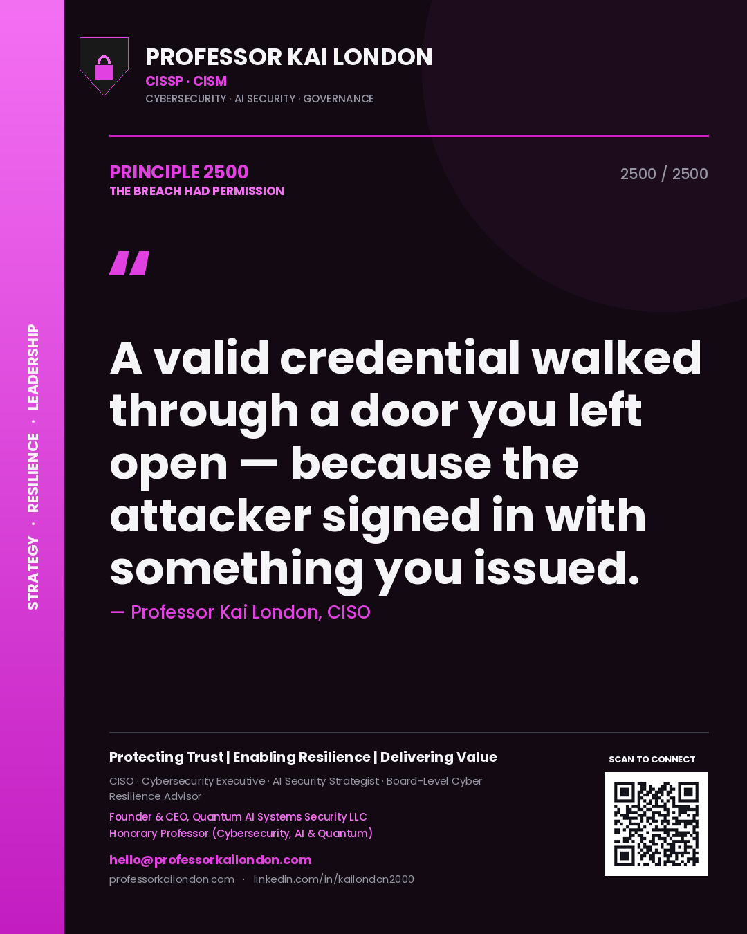 Professor Kai London principle 2500: A valid credential walked through a door you left open — because the attacker signed in with something you issued.